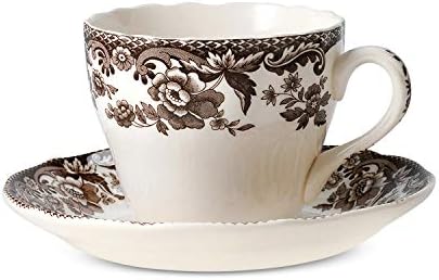 Spode Delamere Teapup and Shucer, סט של 4 | סט כוס תה אדמה משובח 7 גרם | מושלם להגשת תה, קפה וקקאו